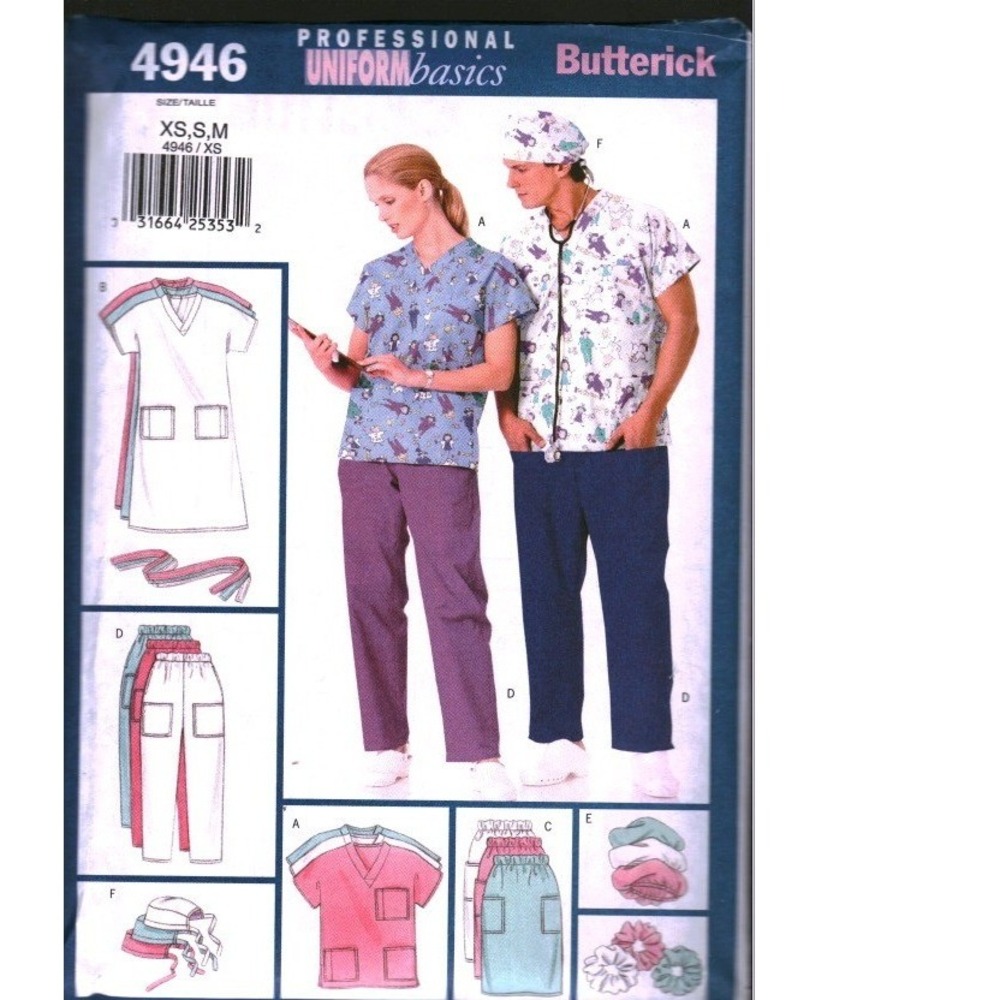 Butterick 4946 Unisex Scrubs Sewing Pattern XS-M Top Pants Dress Skirt Hat Easy